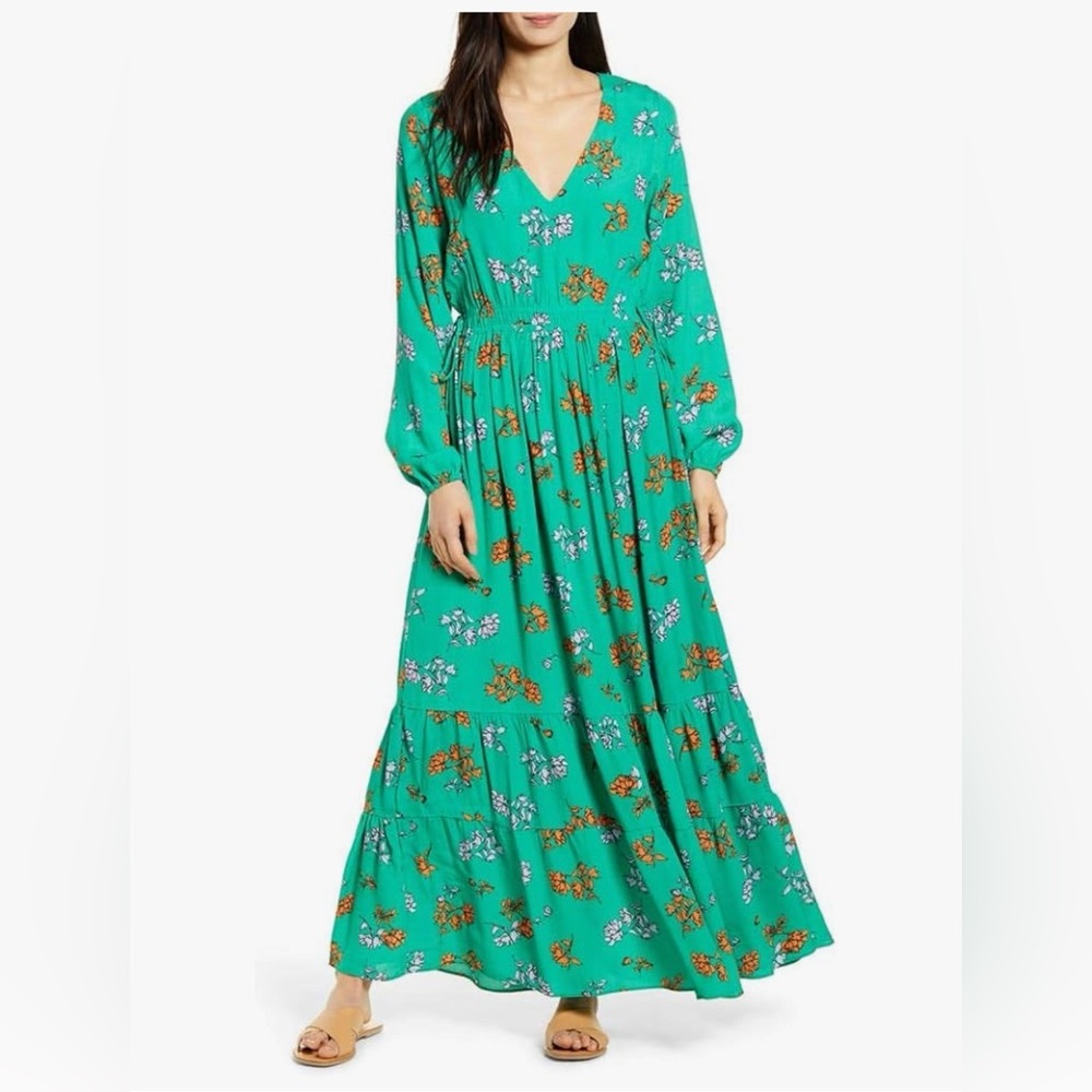 Lost + Wander Green Get Lucky Floral Long Sleeve Dress